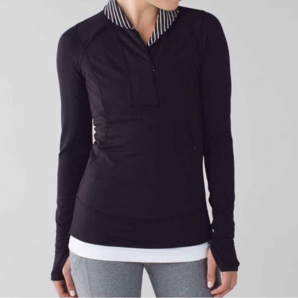 LULULEMON Think Fast Pullover Black Parallel Stripe Rulu Running Top SZ 4